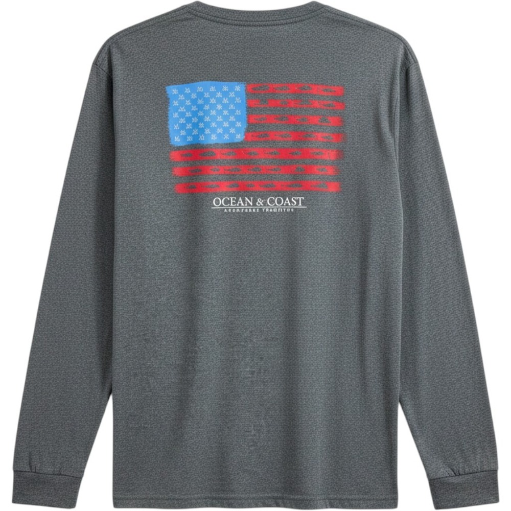 Ocean‎ and Coast Mens Long Sleeve Fishing Shirt American Flag Gray Large Tall